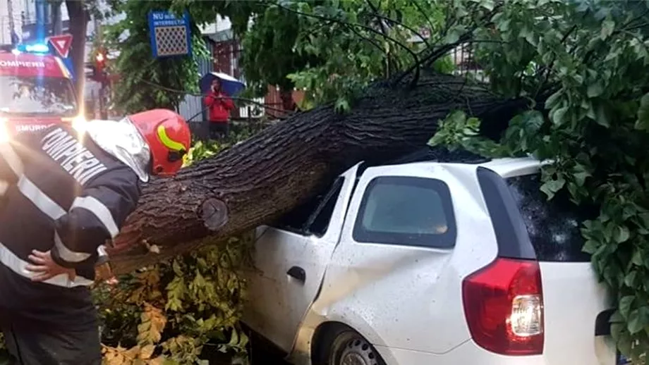 Furtuna de proportii in Bucuresti VIDEO Doi raniti si copaci cazuti peste o masina