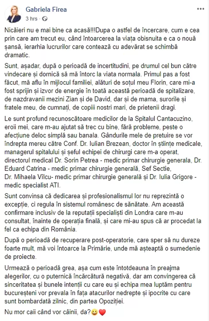 Gabriela Firea a fost externată de la Spitalul Cantacuzino *foto: facebook