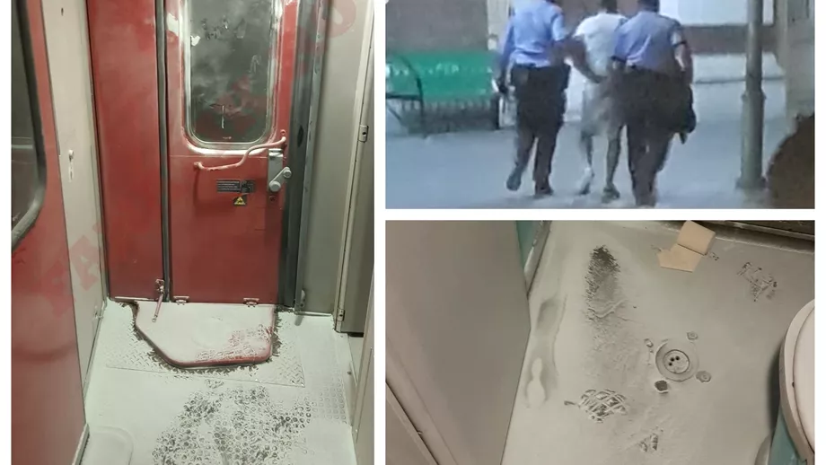 Scandal intrun tren BucurestiMarasesti Doi barbati beti saltati de politie dupa ce au declansat un extinctor intrun vagon
