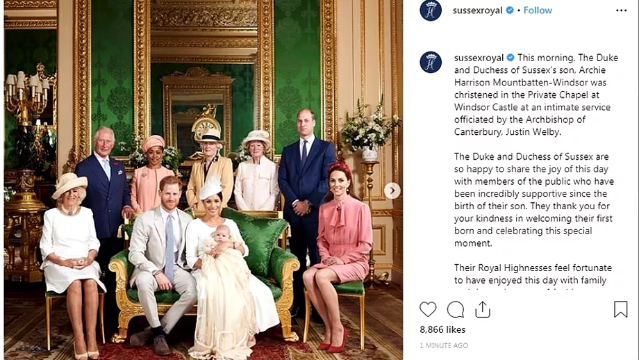 Primele imagini de la botezul bebelusului regal Printul Harry a postat pe facebook fotografii cu Archie