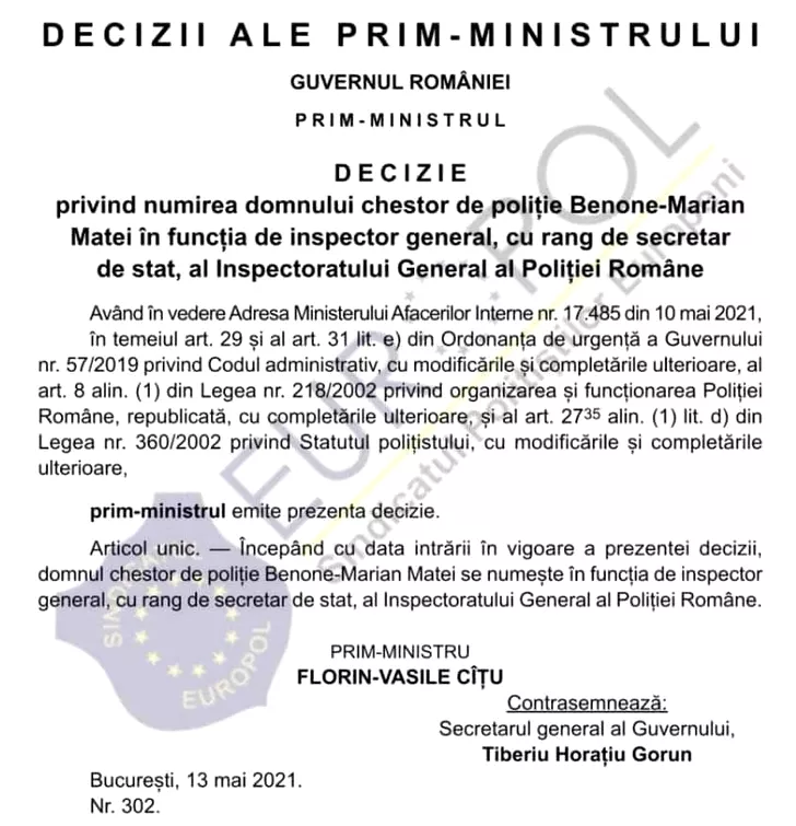 Decizia de numire în funcția de șef al Poliției Române a chestorului Benone Marian Matei