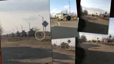 Imagini socante din Ucraina Un barbat se arunca in fata un convoi militar rusesc Incercarea disperata de a opri trupele invadatoare Video