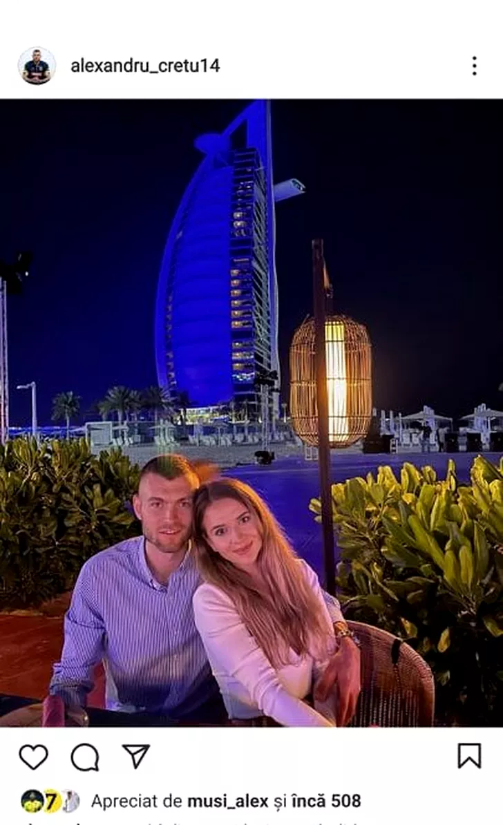Aleandru Crețu, alături de iubita sa și hotelul Burj al Arab din Dubai. Sursă foto: captură Instagram Alexandru Crețu