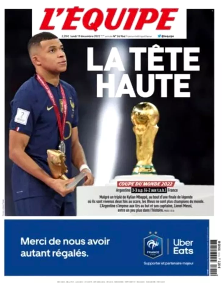 L'Equipe l-a pus pe prima pagină pe Kylian Mbappe, cel mai bun fotbalist al Franței în finala Cupei Mondiale.