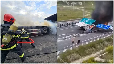 Video Accident grav pe A10 SebesTurda Un camion arde ca o torta dupa coliziunea cu un separator median
