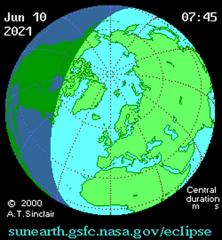 Parcursul eclipsei inelare de Soare din 10 iunie 2021. Sursa foto: A.T. Sinclair, NASA, Wikipedia.