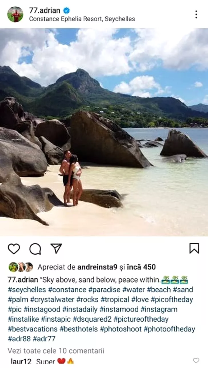 Adi Popa, alături de logodnica lui, Mădălina, pe o plajă din Seychelles. Sursă foto: captură Instagram Adi Popa