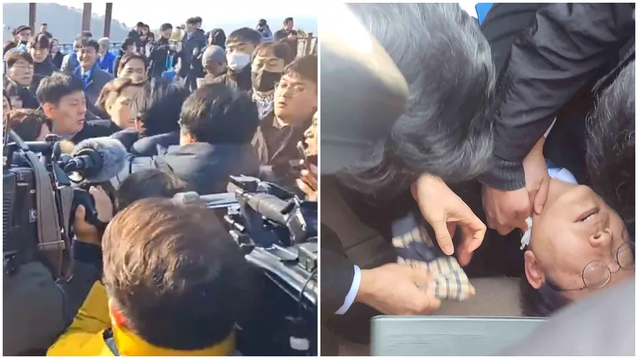 Video Liderul opozitiei din Coreea de Sud injunghiat in gat in timp ce vorbea in fata presei