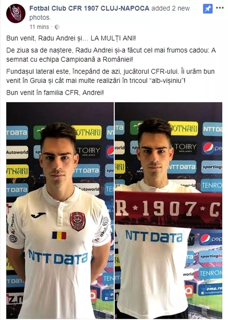 Jucătorul Andrei Radu s-a transferat la CFR Cluj. Mutarea a fost anunţată oficial