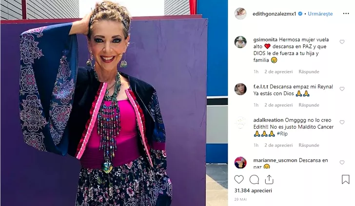 Captură de pe pagina de Instagram a lui Edith Gonzalez cu mesaje de condoleanţe lăsate de prietenii virtuali, în limba spaniolă. Sursa foto: Instagram