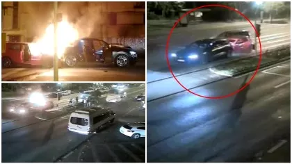 Momentul impactului dintre cele două maşini care făceau întrecere pe o stradă din...