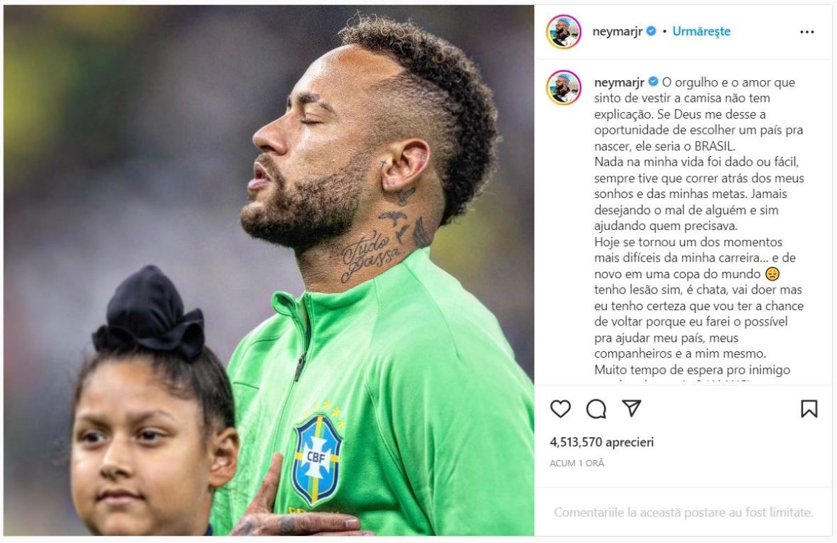 Mesajul postat de Neymar pe Instagram.
