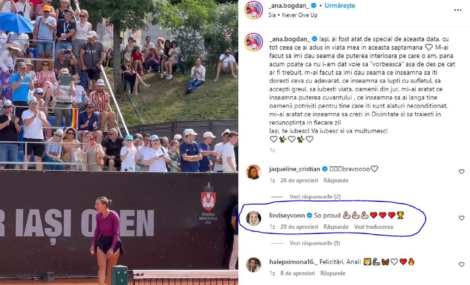 Ana Bogdan şi mesajul de la Lindsey Vonn. Sursa: captură Instagram